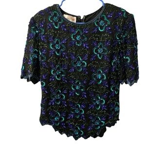 Laurence Kazar Floral Beaded Sequin Silk Evening Green Blue Black Top Women's L